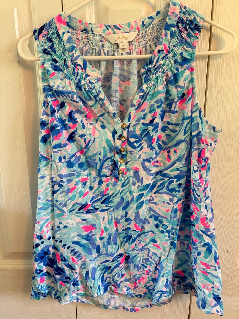 Lilly Pulitzer Blue & Pink Floral Sleeveless Henley Top